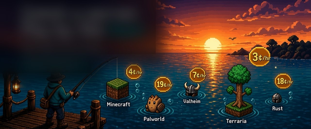Pixel-art fisherman on a dock at sunset, fishing for game servers with hourly price tags: Minecraft 4¢, Terraria 3¢, Valheim 7¢, Rust 18¢, Palworld 19¢